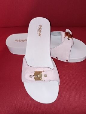 Dr.Scholl's Blush Pink Suede Leather White Wood Sandals 10